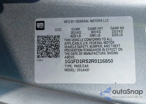 2024 Chevrolet Camaro Rwd 2Lt from USA, damaged, VIN 1G1FD1RS2R0116850